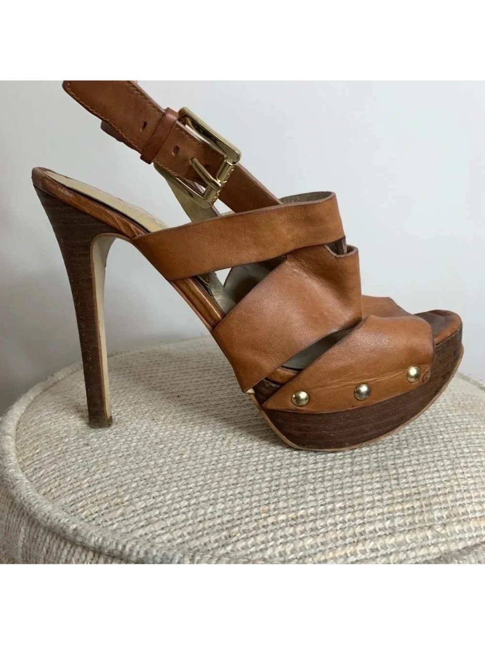 Michael Kors Tan Brown Leather High Heel Sandals Buckle  Accents 8.5M